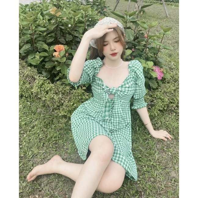 Váy Kẻ Chun Lưng Nơ Ngực Sexy Có Ảnh Thật Kèm Video