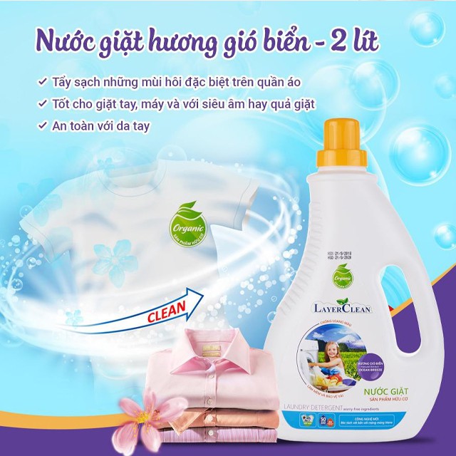 [HOT SALE] Nước Giặt Quần Áo Hữu Cơ Organic Layer Clean 2L Hương Gió Biển Không Hại Da Tay, Mềm Vải, Hương Thơm Dễ Chịu