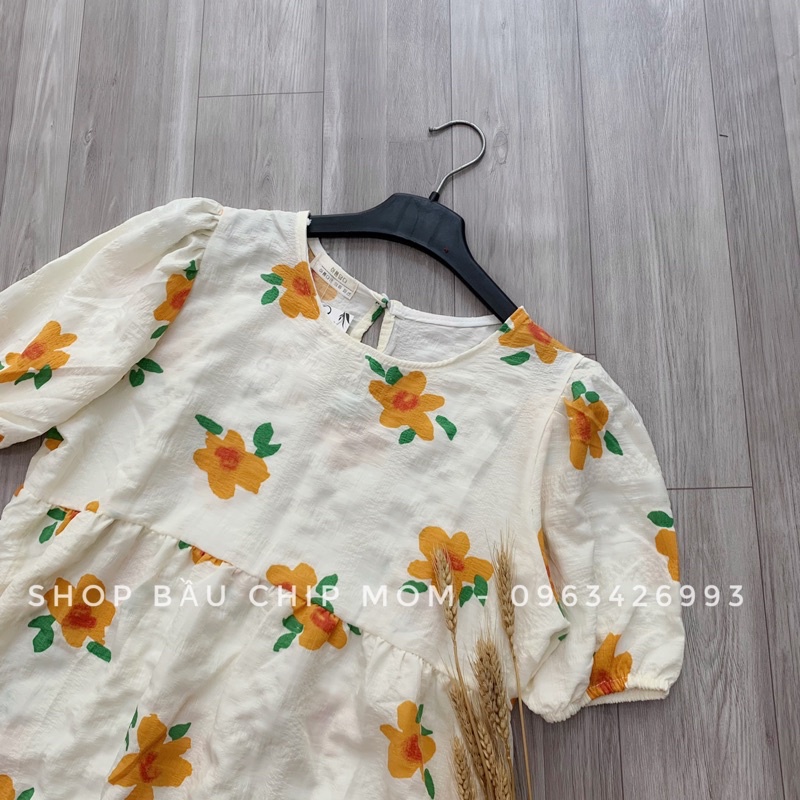 Váy bầu thiết kế babydoll tay bồng hoa cam xinh xắn trẻ trung V68