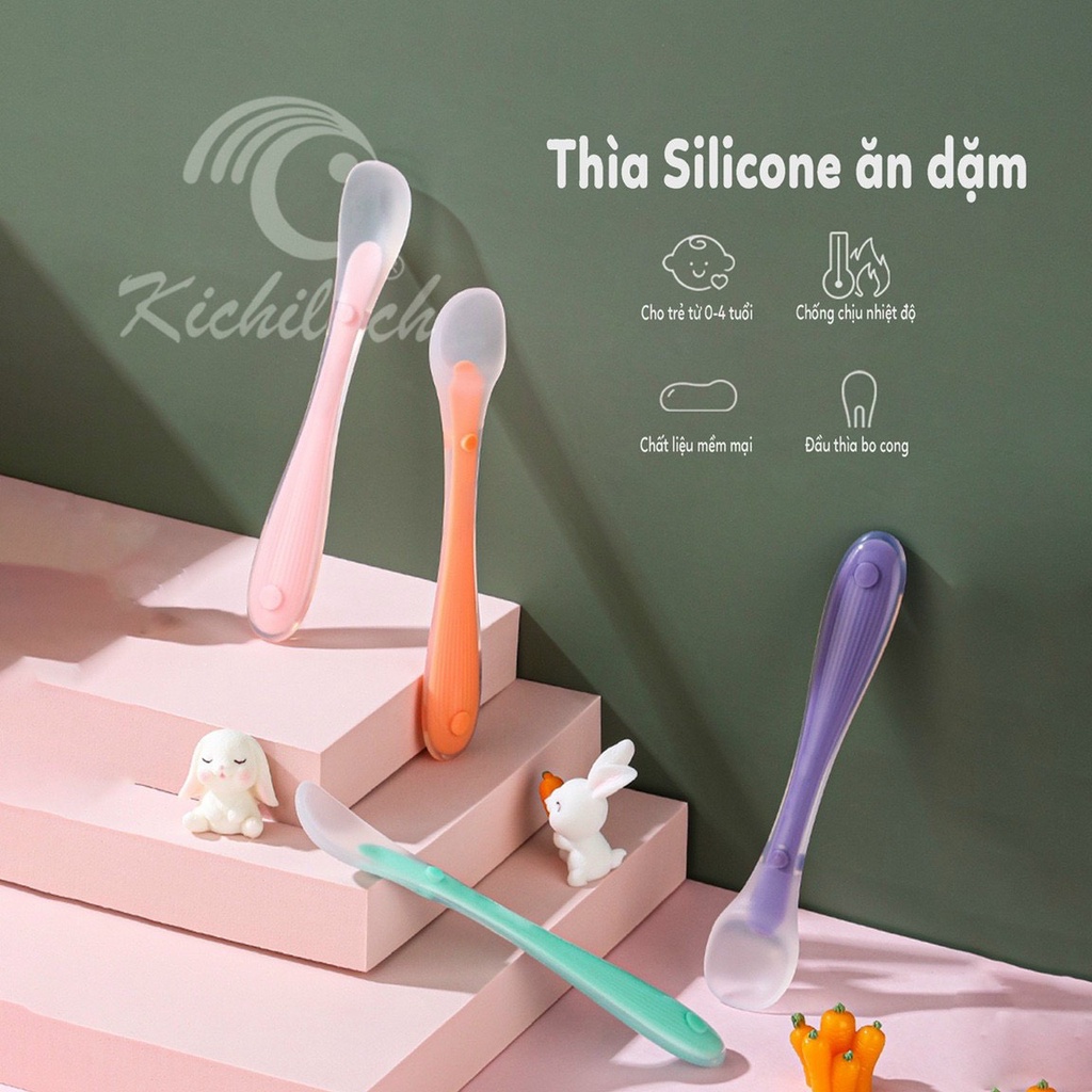 Combo 2 thìa ăn dặm silicon KICHILACHI siêu mềm bảo vệ nướu kèm hộp cho bé tập ăn dặm