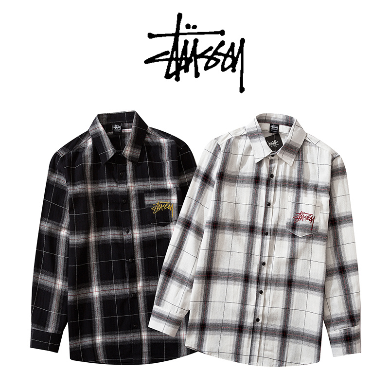 Áo Sơ Mi Cotton Tay Dài Phối Túi In Chữ Stussy Cổ Điển Cho Các Cặp Đôi