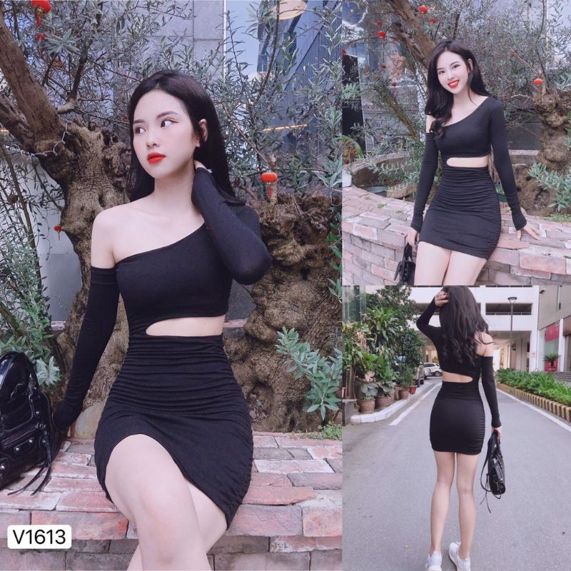 [FREESHIP] Đầm body siêu ôm cách điệu khoét eo hở một bên vai chất borip xịn mịn dày dặn hai màu trắng đen