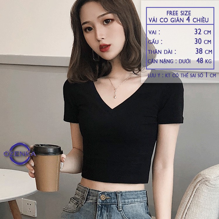 Áo croptop cổ chữ v dáng ôm  ozenka , áo kiểu crt tay ngắn sexy nữ đen trắng vải thun gân 100% cotton CRTV 258