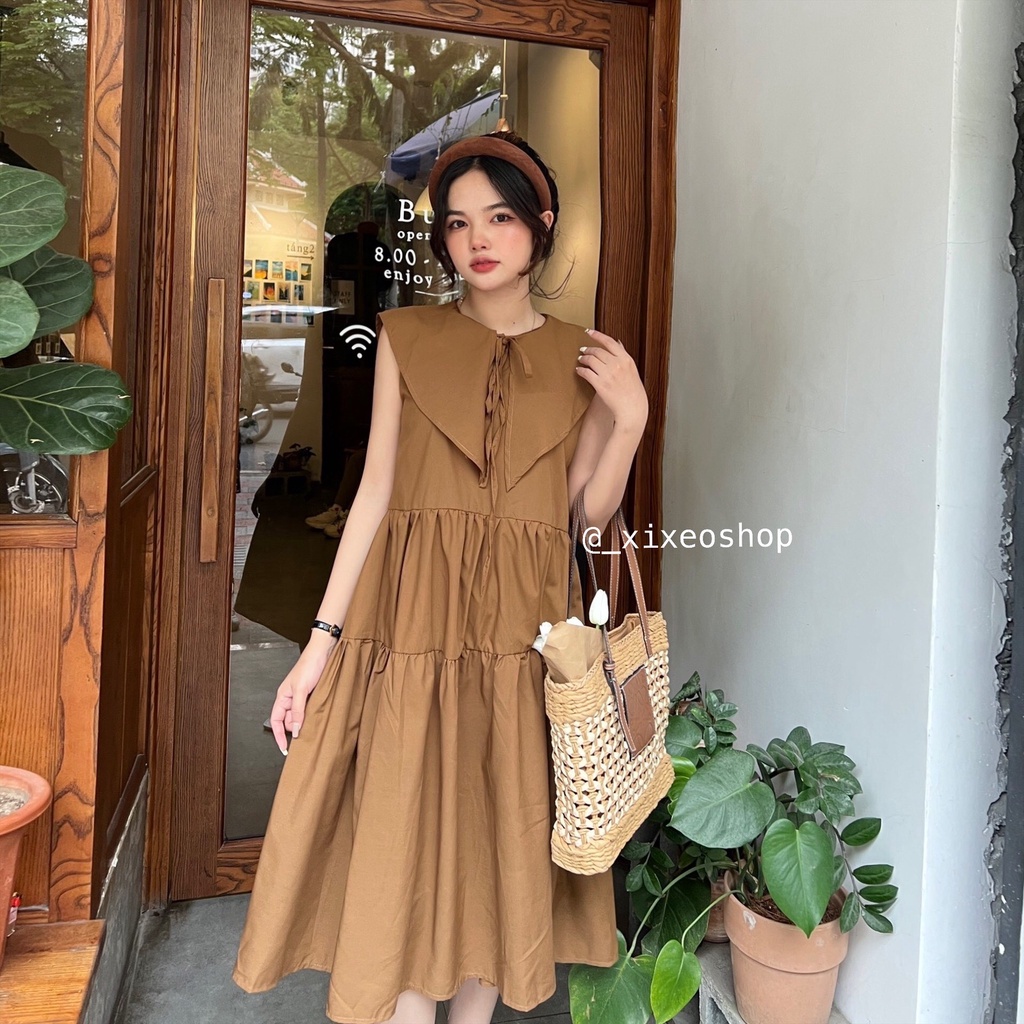 Váy babydoll xoè sát nách cổ thuỷ thủ chất thô dạo biển xinh xắn - Đầm babydoll dáng ngắn thắt nơ freesize dạo phố