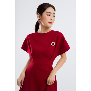 EDINI - D1229 Đầm xếp eo cổ tròn
