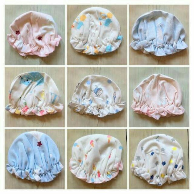 Set 2 Mũ vải cotton nhún bèo cho bé gái từ sơ sinh -3 tháng. Nón sơ sinh