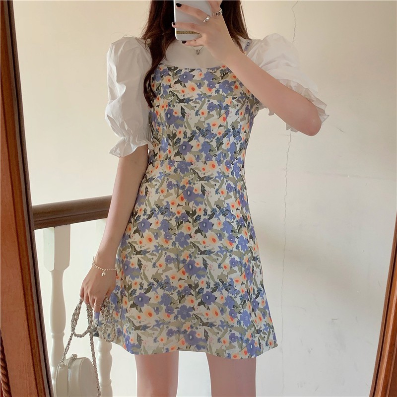 Xiaozhainv Áo tay phồng / Đầm Hoa Phong Cách Hàn Quốc Xinh Xắn Cho Nữ