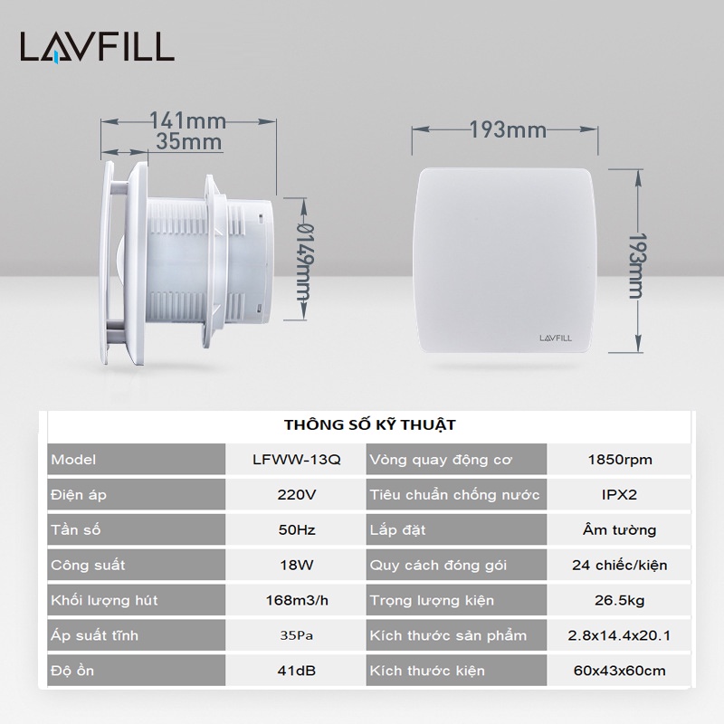 Quạt thông gió 1 chiều gắn tường mặt phẳng LAVFILL LFWW-09Q, LFWW-13Q