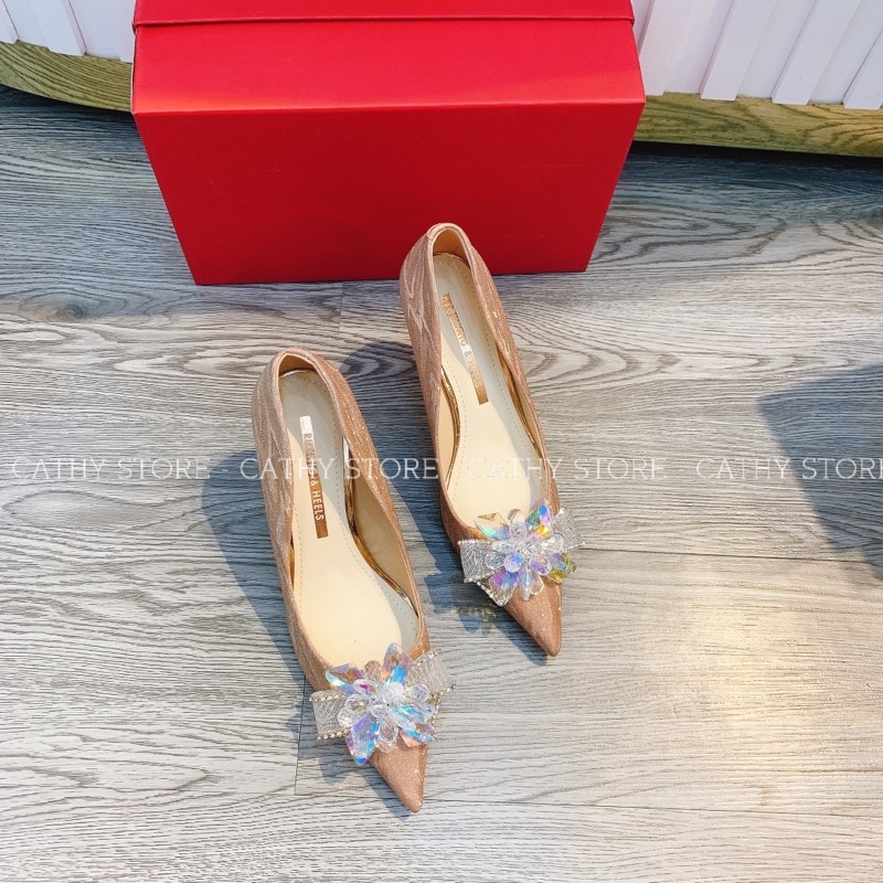 Giày cao gót hoa đá QC full box