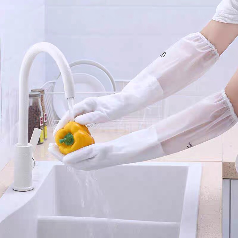 Găng Tay Cao Su Lót Nỉ Loại Dài Siêu Dai Cổ Hoa, Có Dây Chun Chống Tuột, Gang Tay Rửa Bát Giữ Ấm