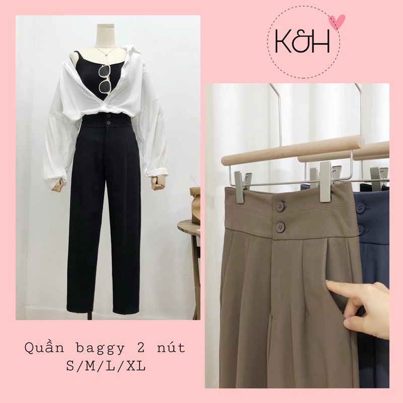 Quần tây 2 khuy cạp bản to lưng cao KH106, quần baggy học sinh, công sở cạp cao ống đứng cho nữ