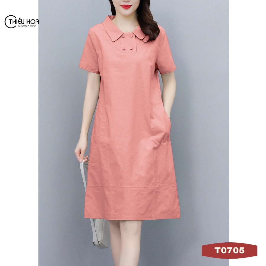 Đầm nữ trung niên, túi hông xinh xắn, trang nhã sang trọng, lịch sự chất liệu cotton cao cấp Thiều Hoa T0705