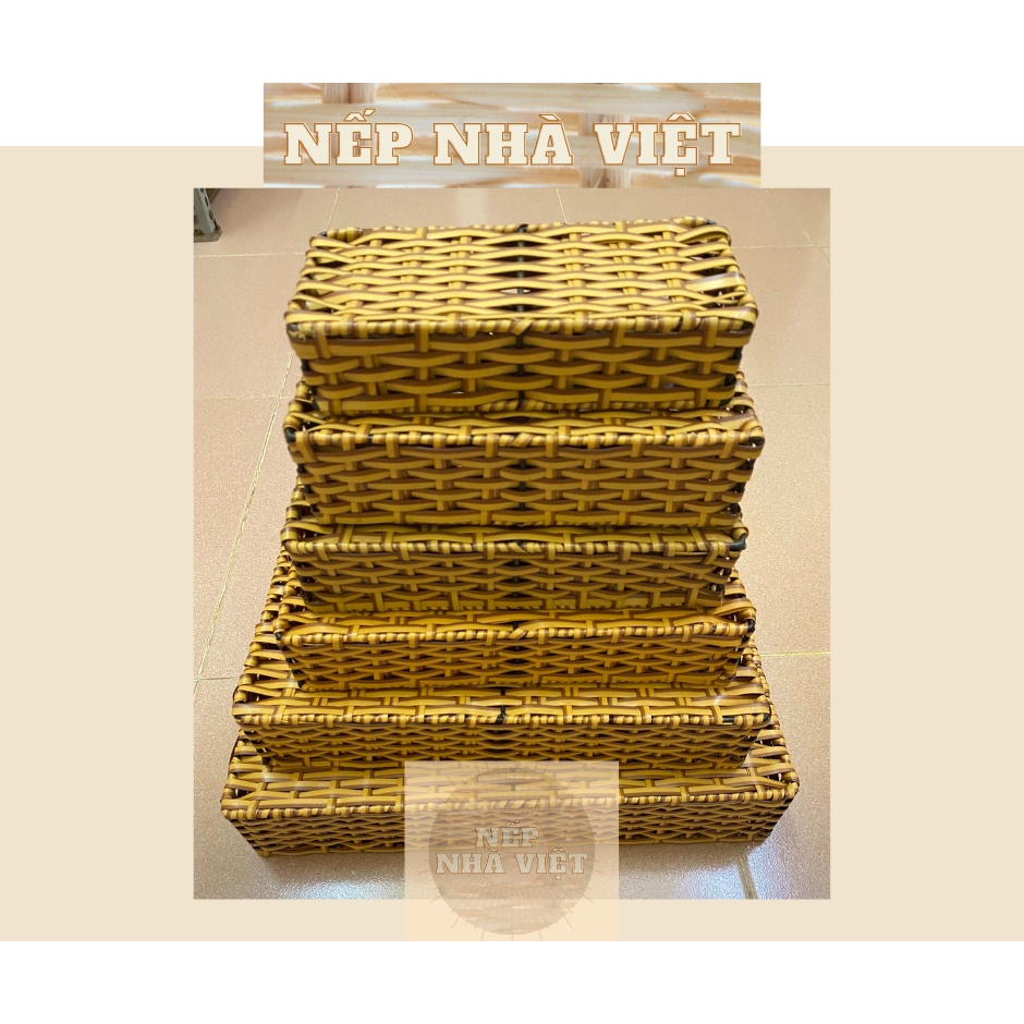 Khay Đựng Đồ Hình Chữ Nhật Tạo Hình Thủ Công Từ Dây Nhựa Kiểu Mây Tre Đan Bền Đẹp