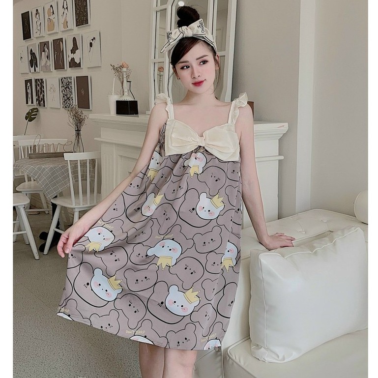 Váy, đầm ngủ tay cánh tiên phối nơ ngực chất lụa satin siêu mềm mát freesize (nhiều hoạ tiết)