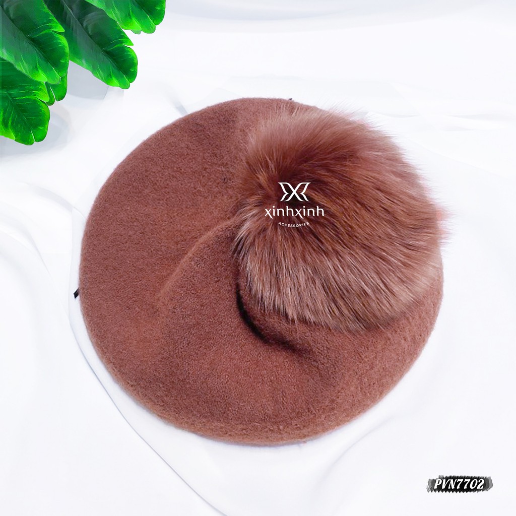 Mũ nồi Beret nỉ đính quả bông xinh xắn - Xinh Xinh Accessories