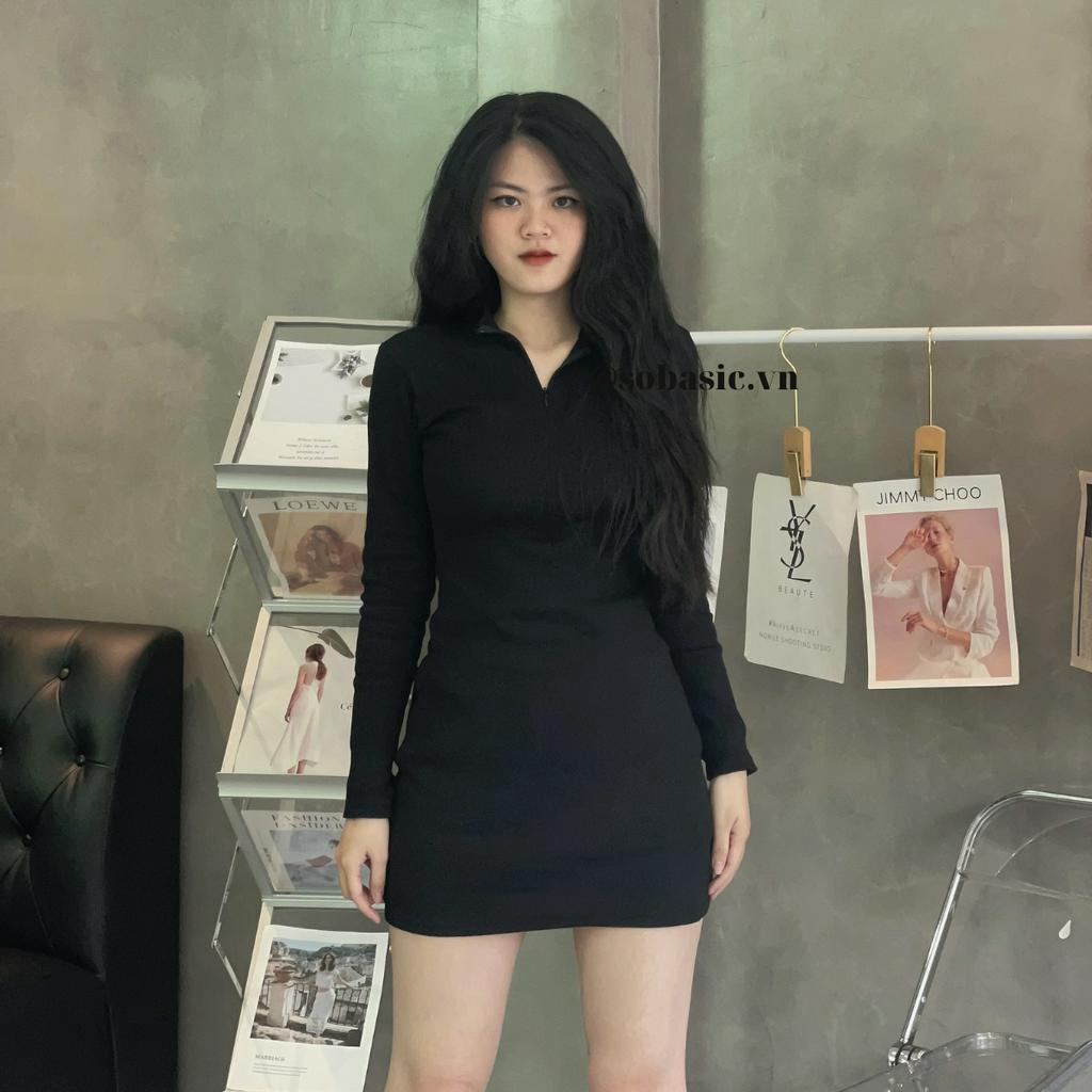 Đầm body nữ cổ bẻ phối khóa kéo Sobasic form ôm tay dài gợi cảm tôn dáng chất dày dặn