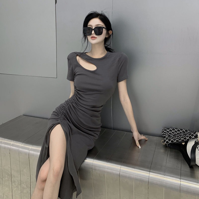 Đầm IELGY dây rút eo kiểu mỏng xẻ tà thời trang mùa hè phiên bản Pháp Hàn Quốc mới