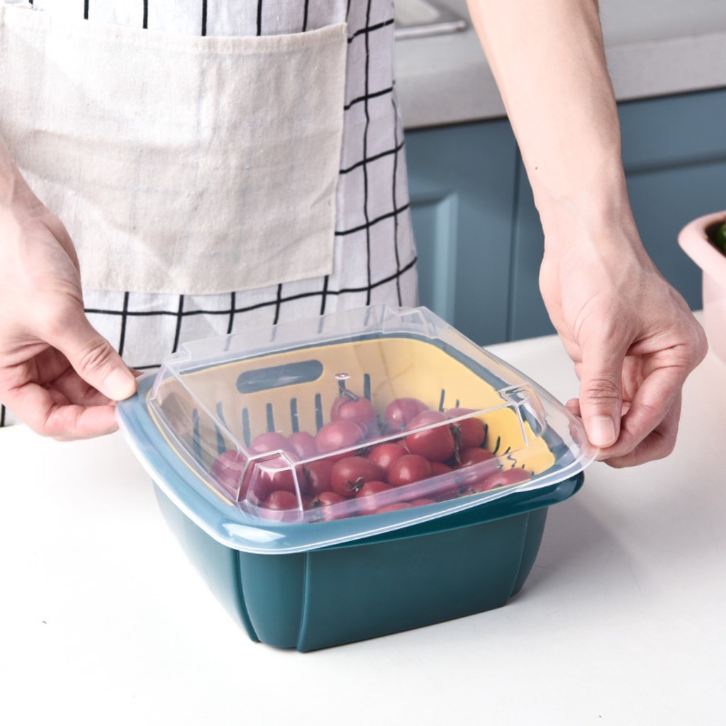 Bộ chậu rổ nhựa có nắp đậy 3 trong 1 đa năng, tiện lợi (24x24cm)