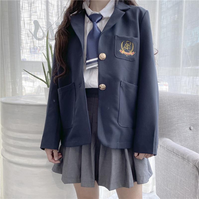Set áo khoác vest UIOWOO dáng rộng thêu hình gấu thời trang trẻ trung cho nữ
