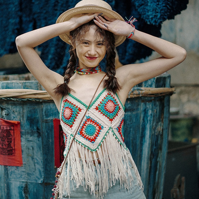 Brroa Áo Croptop Dệt Kim Hai Dây Tua Rua Viền Kim Cương Tương Phản Họa Tiết Kẻ Sọc Màu Tương Phản Phong Cách Boho Dân T