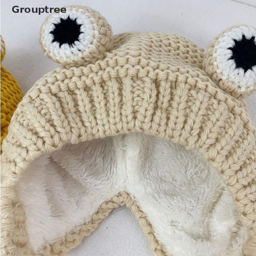 Mũ beanie Dệt Kim Màu Trơn Hình Ếch Hoạt Hình Giữ Ấm Mùa Đông Cho Bé