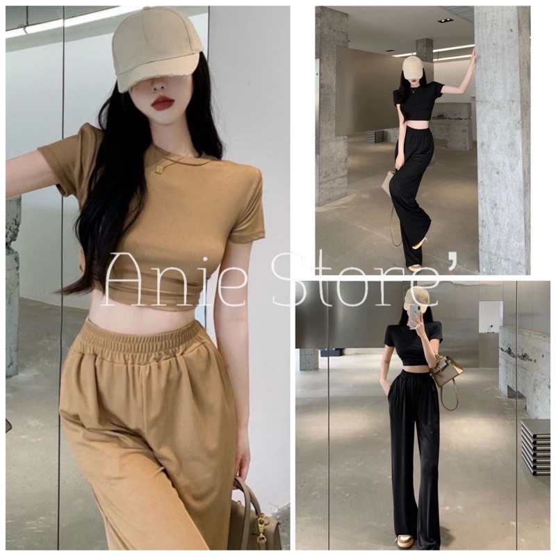 Bộ Áo Croptop Quần Culottes Nữ Vải Thun 🦋 Set Áo Thun Nữ Cộc Tay Kèm Quần Dài Ống Rộng 2 Màu 🦋