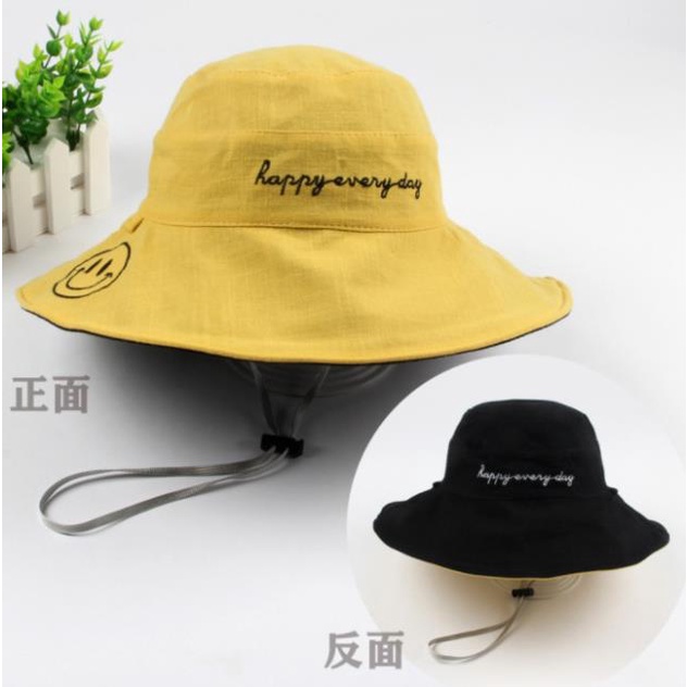 Mũ Vải Vành Rộng Mặt Cười 2 Mặt( Có Dây Rút ) Cho bé  - In Chữ Happy Everyday Hàng quảng châu cao cấp