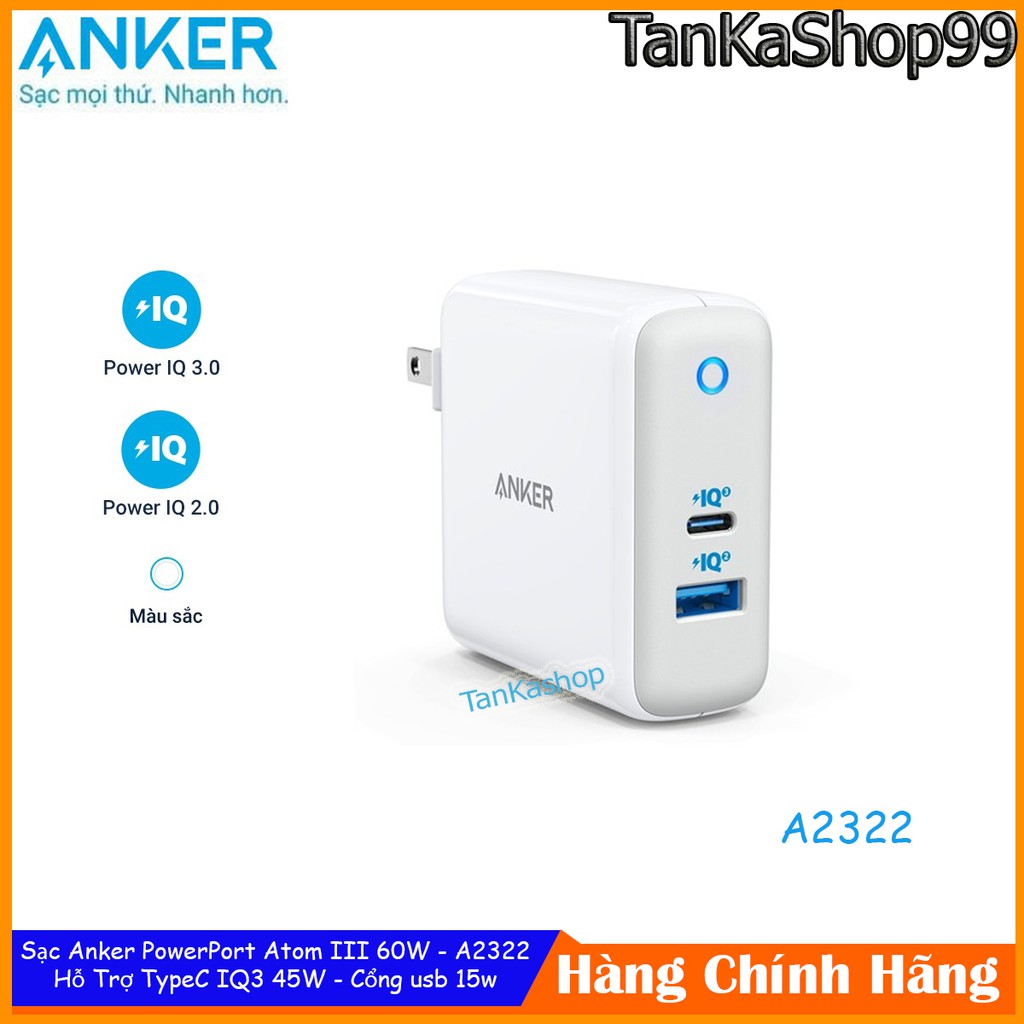 [Mã 267ELSALE hoàn 7% đơn 300K] Củ Sạc Anker PowerPort Atom III 60W - 2 cổng, TypeC IQ3 45W, Cổng Usb IQ2.0 15W - A2322