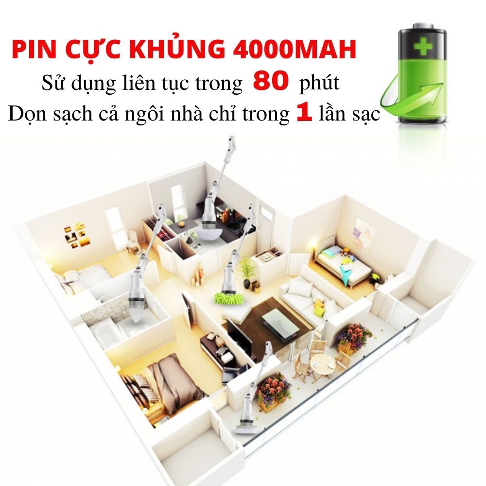 Chổi điện cọ nhà vệ sinh đa năng, chà sàn/sân/tường/kính/trần, pin 4000mah, cán dài tiện dụng