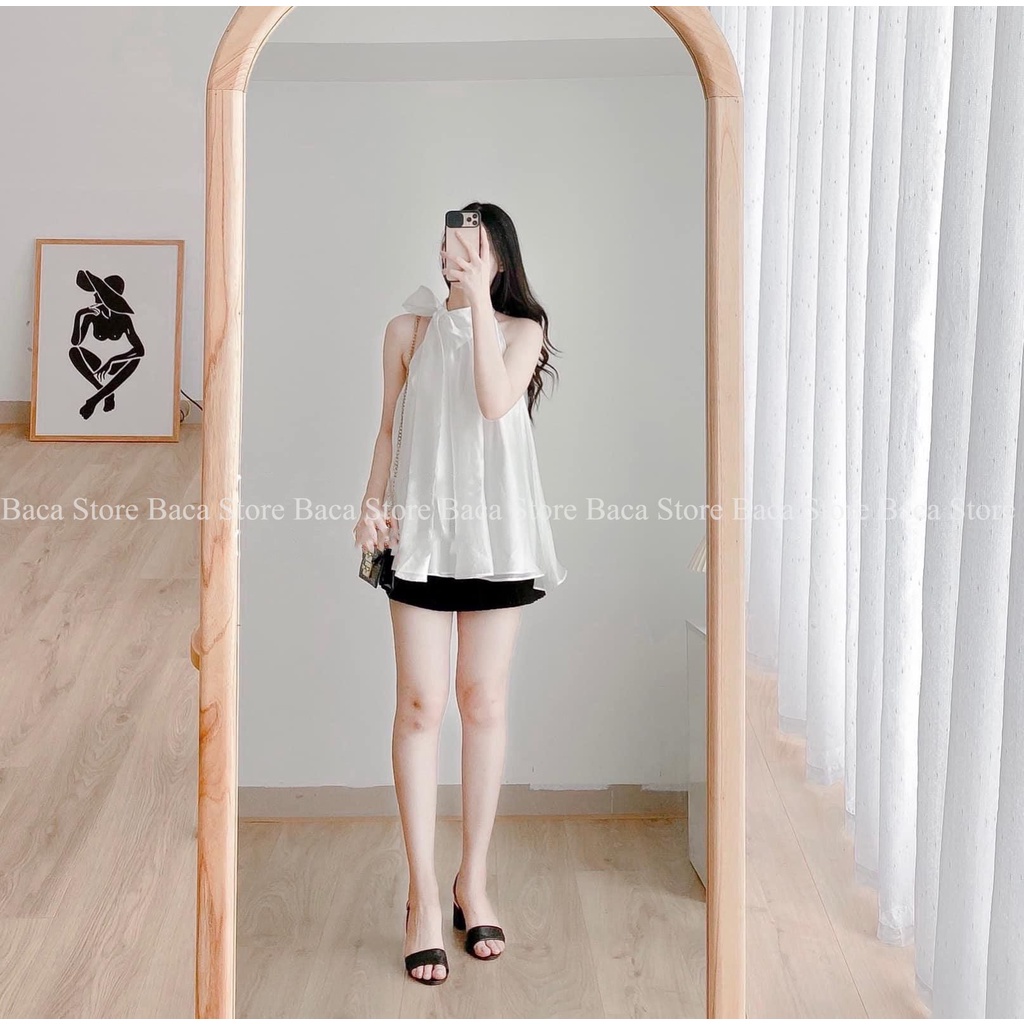 Áo yếm trắng thắt nơ dáng xòe, hàng chất lượng cao cho bạn gái điệu đà