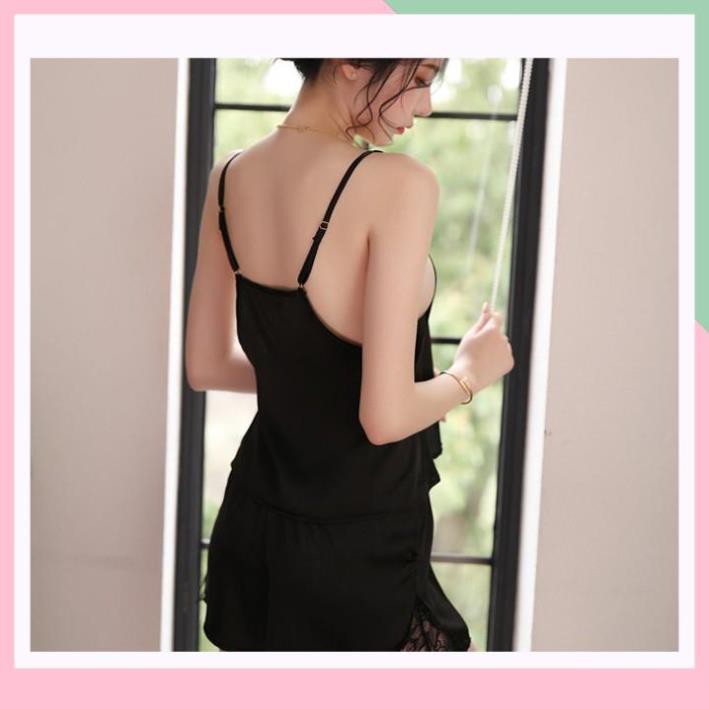 Đồ ngủ nữ lụa hai dây viền ren gợi cảm Màu đen huyền bí A | BigBuy360 - bigbuy360.vn