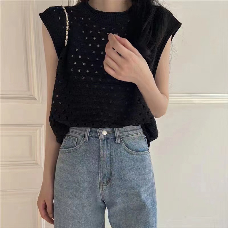 Áo dệt kim IELGY không tay cổ tròn màu trơn thời trang cho nữ