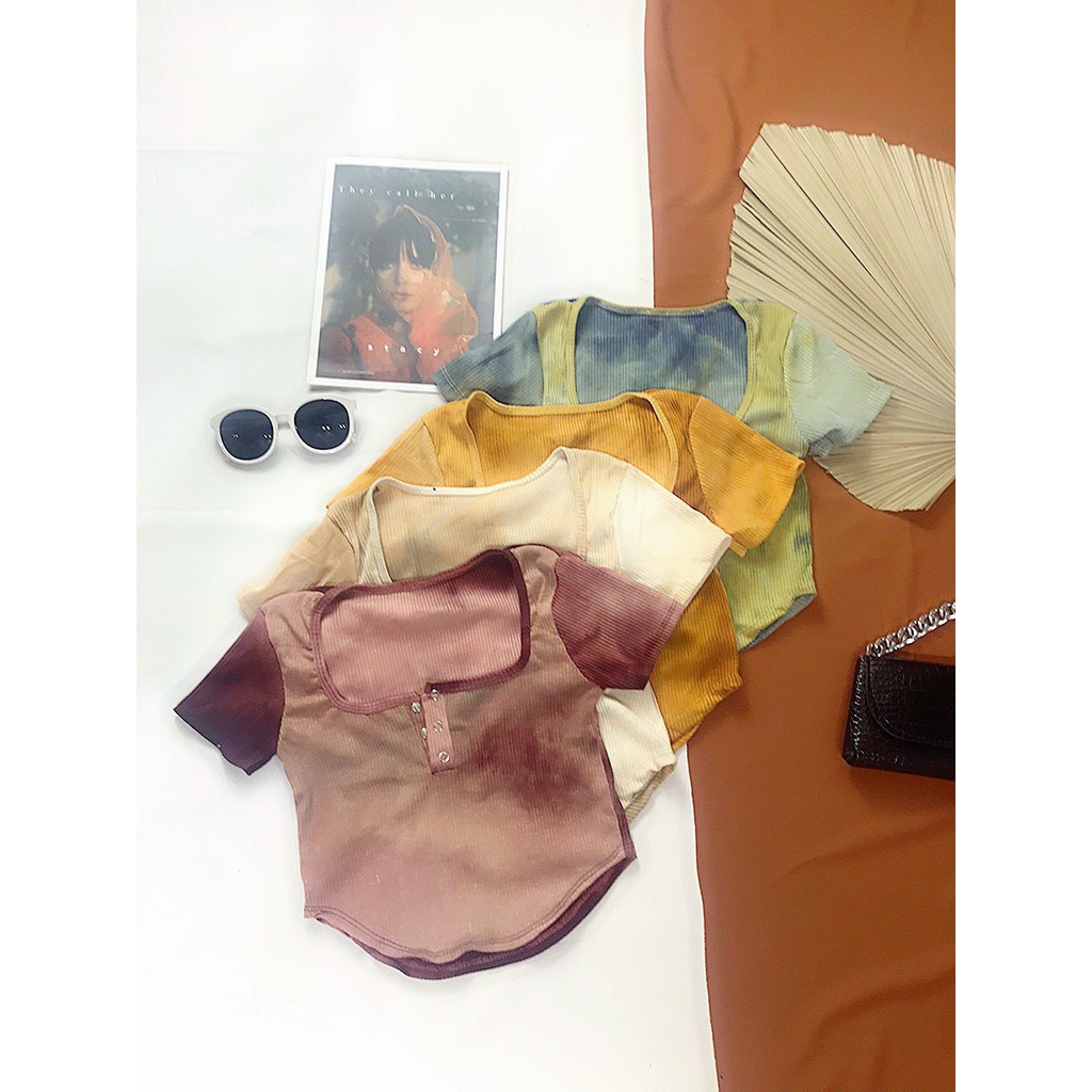 Áo kiểu croptop cổ U nút bấm phối màu loang cực xinh , chất thun gân mềm mịn