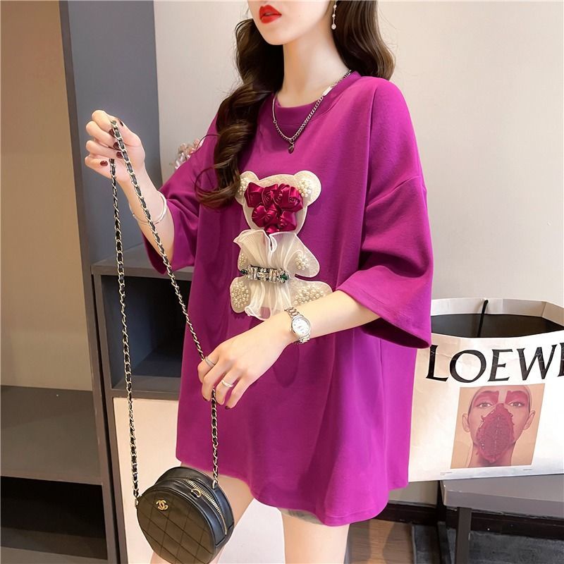 Áo Thun Cotton Mỏng Dáng Rộng Ngắn Tay Thêu Hình Phong Cách Hàn Quốc Thời Trang Mùa Hè Dành Cho Nữ 2022