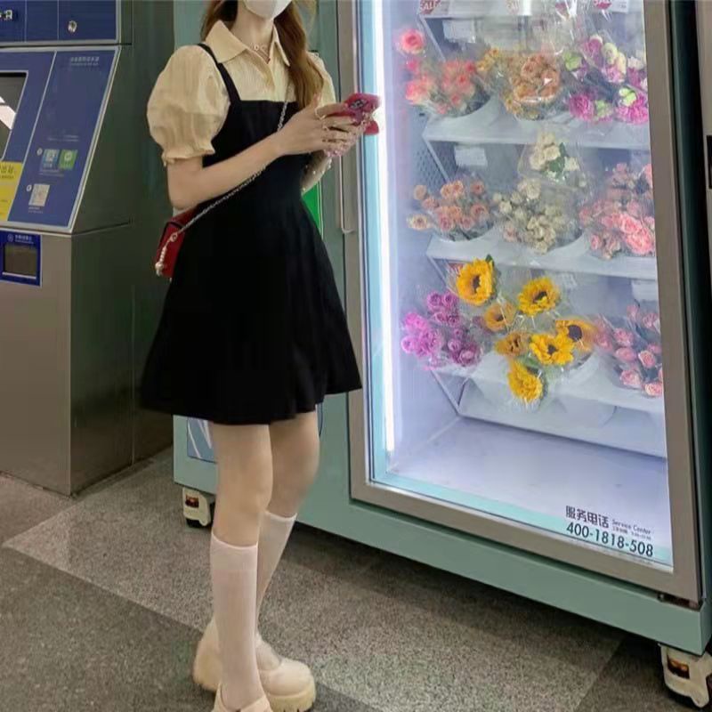 AMOI Đầm Hai Dây Giả Hai Mảnh Phong Cách Hàn Quốc 2022