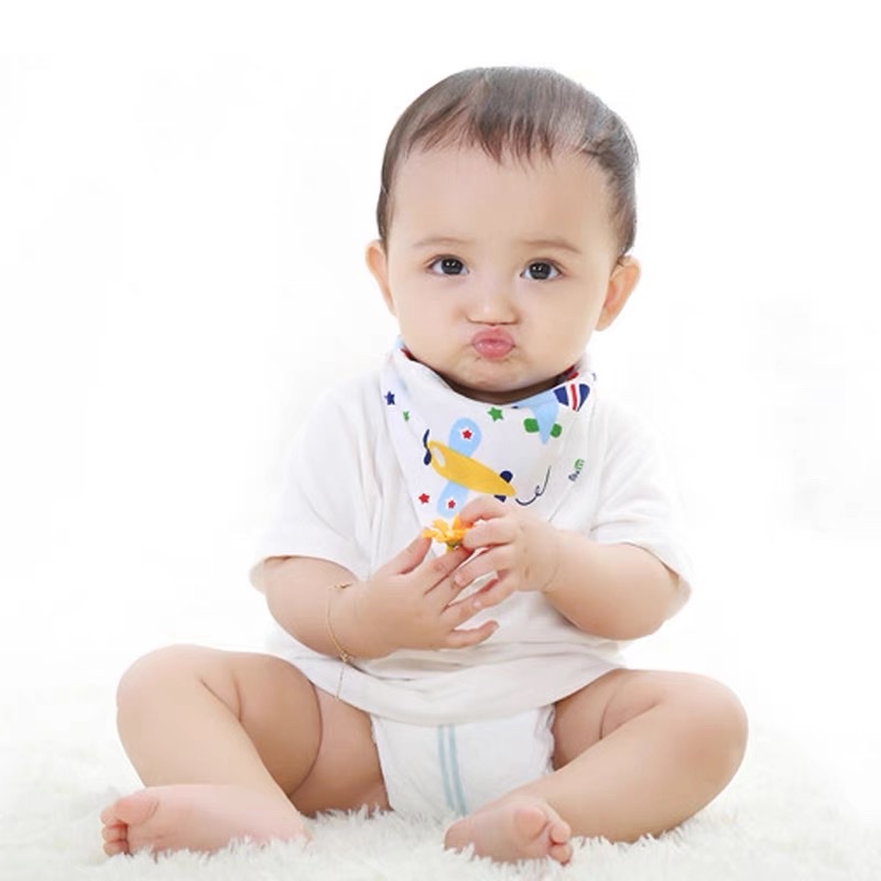 Khăn Tam Giác Cotton Thun In Hình Có Cúc Bấm- Loại Đẹp, Yếm Tam Giác Cho Bé