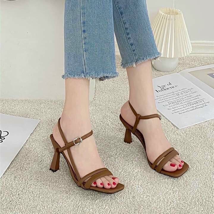 Giày nữ - giày sandal cao gót nhọn 6-7p hai dây ngang mềm êm