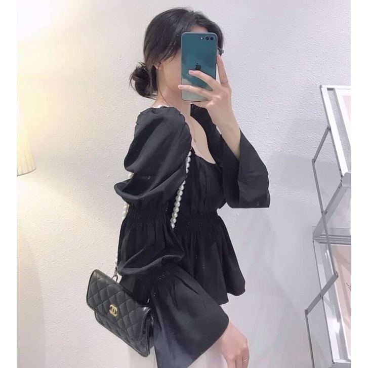GLIM TOP Áo peplum cổ U nhún ngực eo tay phồng loe trắng đen