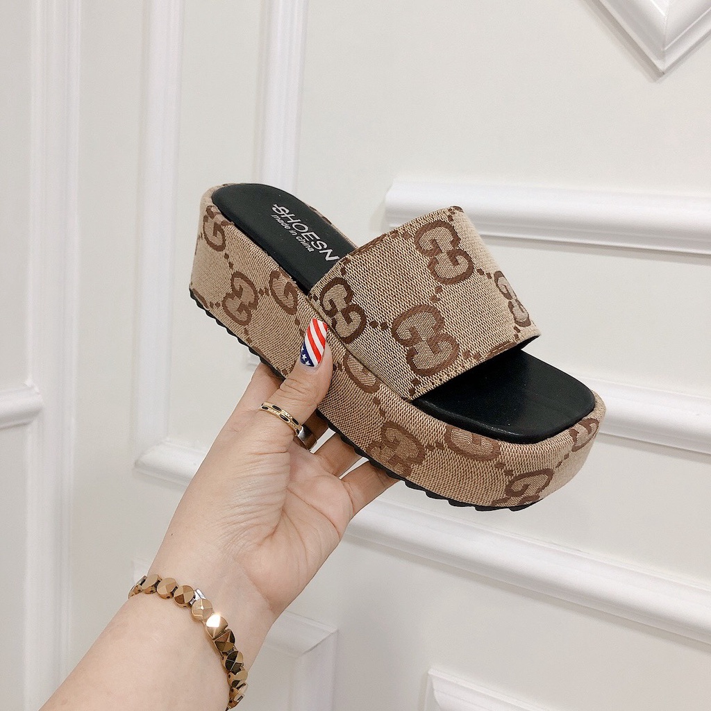 Dép Xuồng Đế Bánh Mì 5p Chất Bọc Canvas GG Form Chuẩn Size Lên Cực Xinh - 2 Màu Xanh Kem ChichanhStore