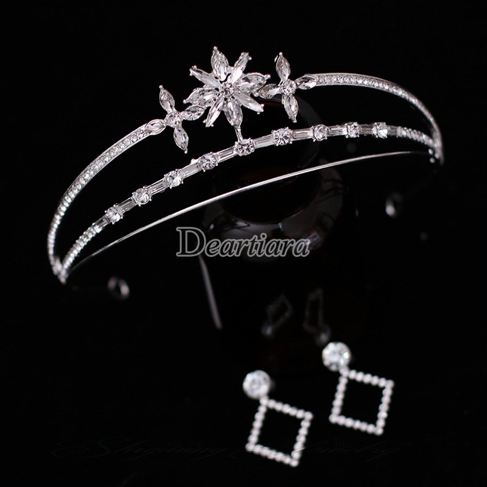 Bộ vương miện và khuyên tai đính đá thiết kế đơn giản thời trang dành cho cô dâu