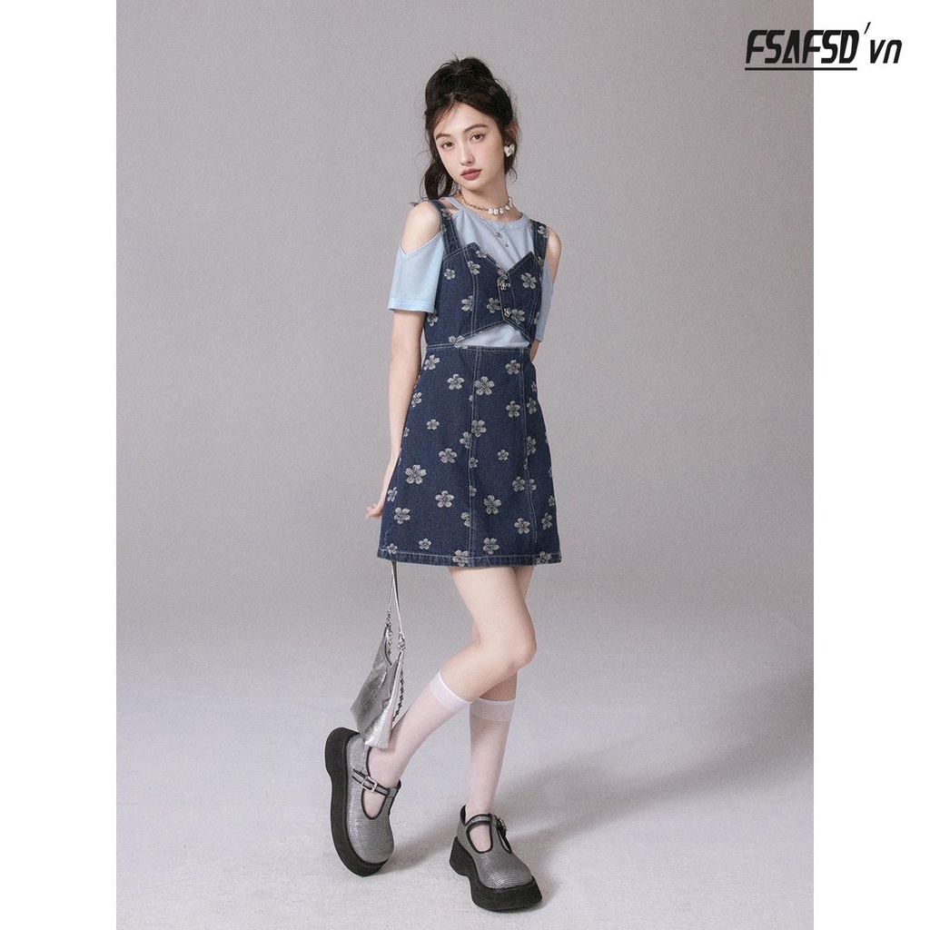 Set Đầm Denim Hai Dây Màu Sắc Trơn Phong Cách Nhật Bản Thời Trang Mùa Hè