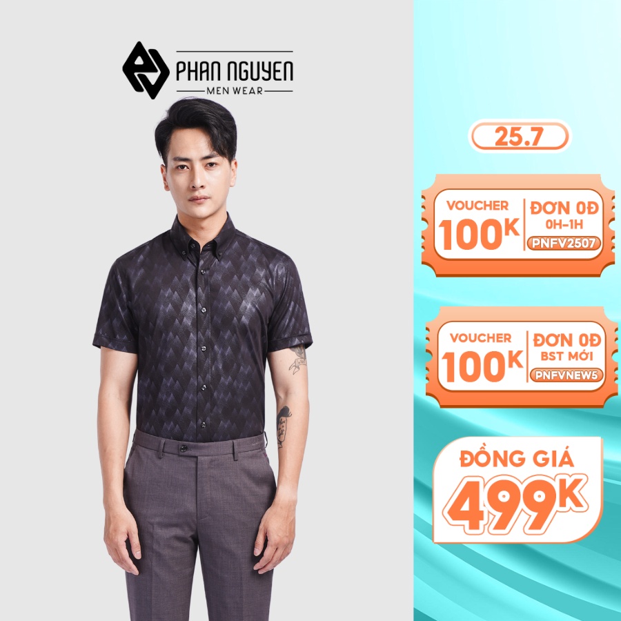 Áo sơ mi ngắn tay họa tiết đen cao cấp Phan Nguyễn chất liệu sợi tre mát mẻ, thấm hút tốt, form slim fit ôm vừa SMC.338