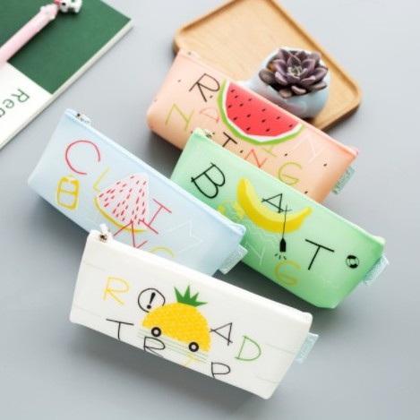 Hộp bút cute in Typography và Hoa quả chất liệu silicone chống nước khóa kéo tiện dụng BMBooks