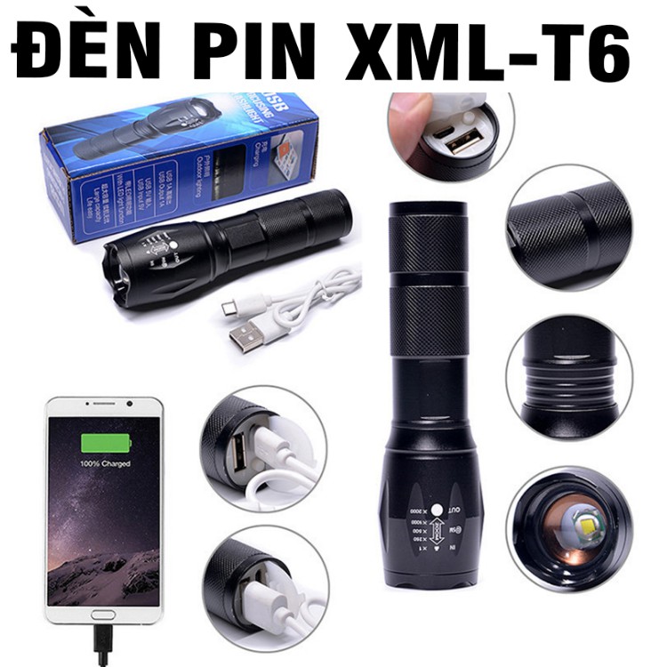 Đèn pin XML-T6 A100 bằng kim loại sạc trực tiếp bằng cáp sạc có thể dùng sạc cho điện thoại