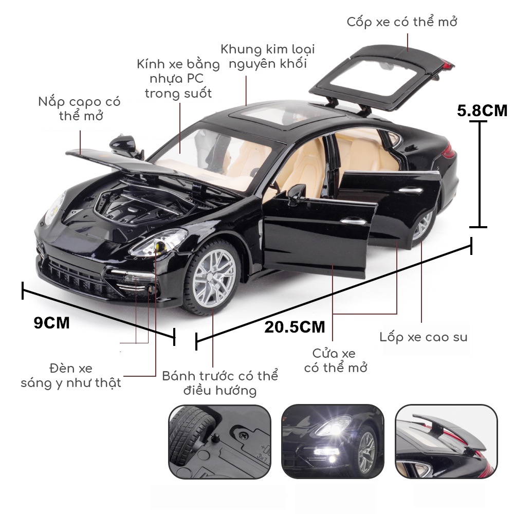 Xe mô hình tỉ lệ 1:24  Porsche Panamera hãng Chezhi chất liệu kim loại, có đèn và âm thanh