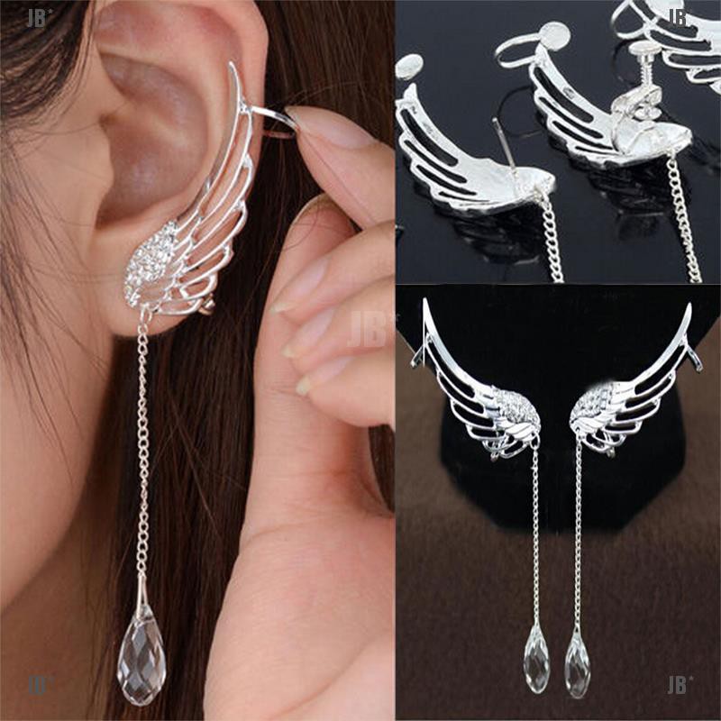 JB"Angel Wing Silver Plated Crystal Chain Drop Dangle Ear Cuff Stud Clip Earrings