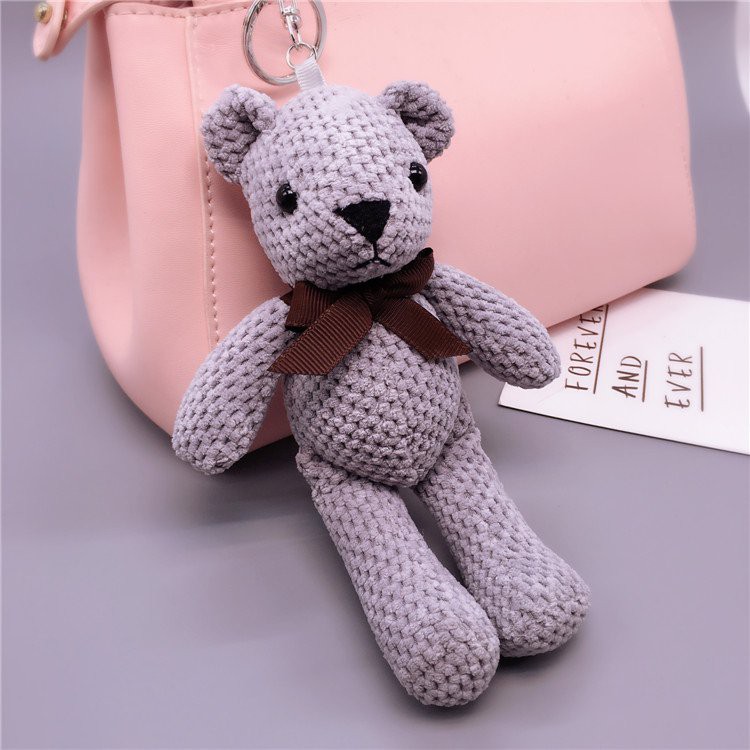 Gấu bông Teddy đan len, gấu teddy bông 18cm quà tặng nhồi bông, phụ kiện trang trí (Hồng/Xám)