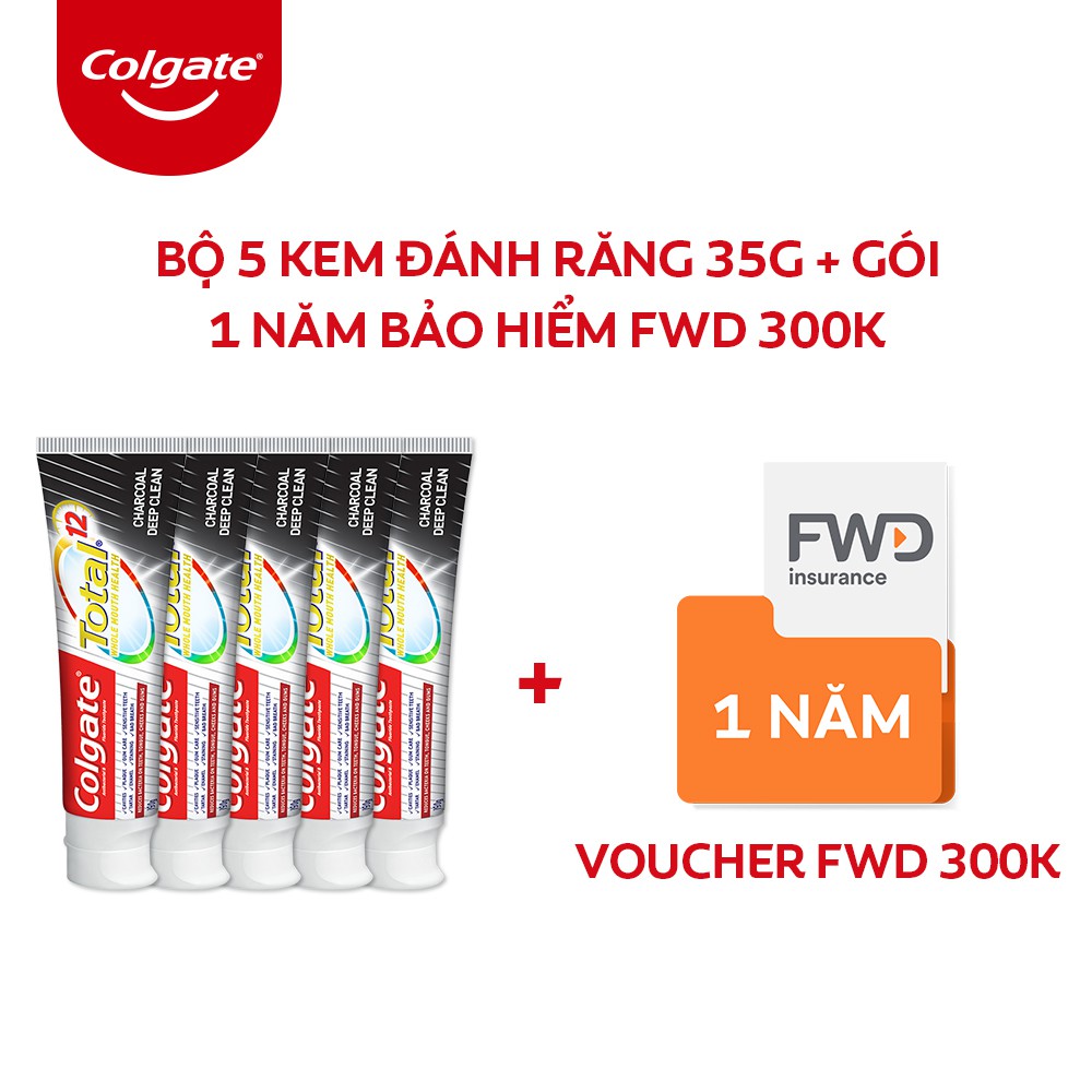 [HB Gift] Bộ 5 Kem đánh răng Colgate Total than hoạt tính 35g và Voucher trị giá 300k cho gói bảo hiểm FWD