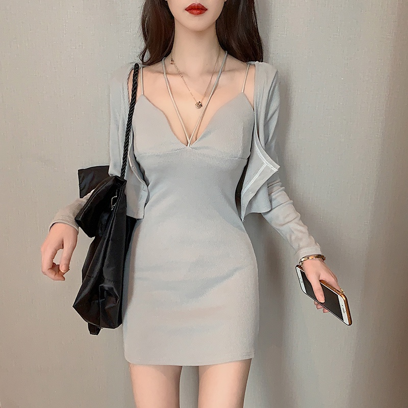 Set váy body 2 dây kèm khoác croptop dài tay TABISHOP Set đồ nữ cổ yếm sang chảnh phong cách Hàn Quốc hottrend 2022