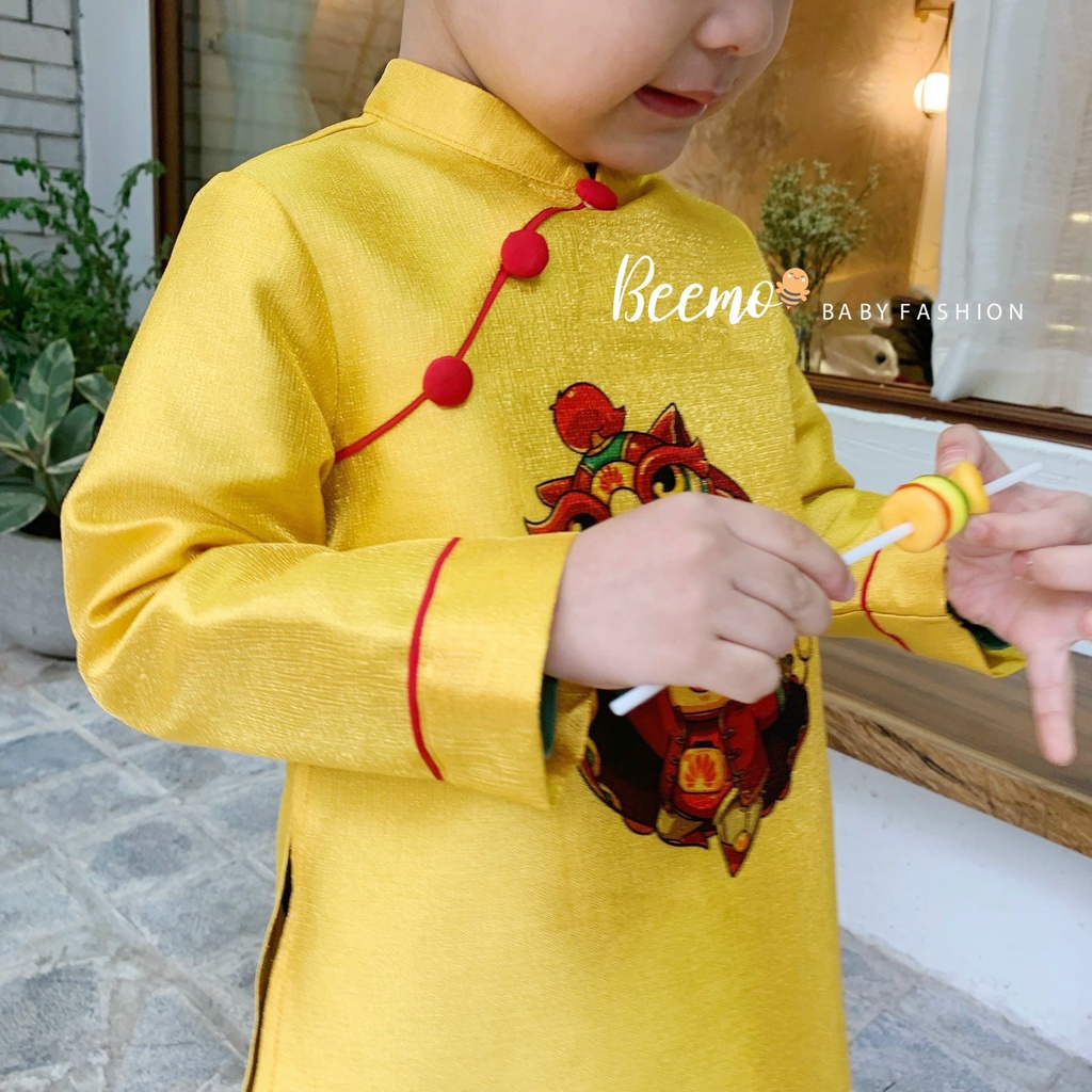 Set bộ áo dài cách tân Beemo in hình múa lân mặc Tết chất tafta nhũ quần lụa bóng đáng yêu cho bé trai bé gái - 20D083